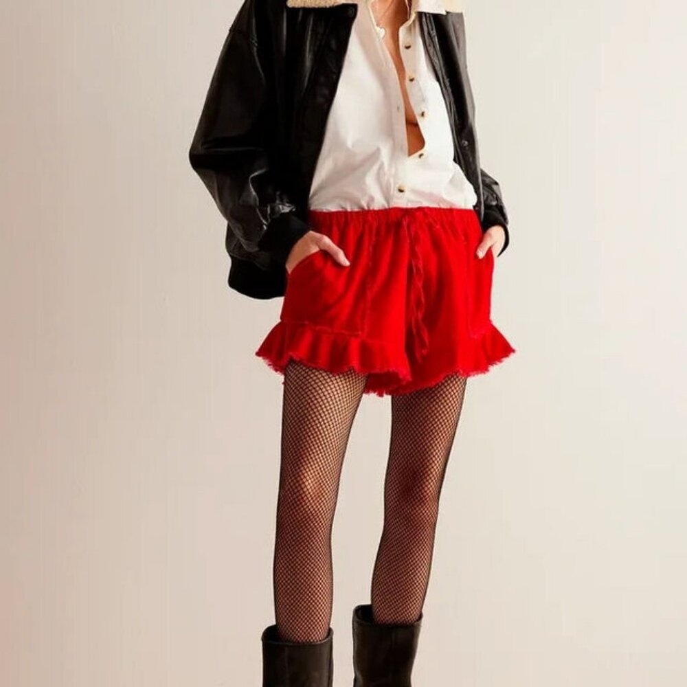 Free People High Waist Ruffle Hem Shorts in Red